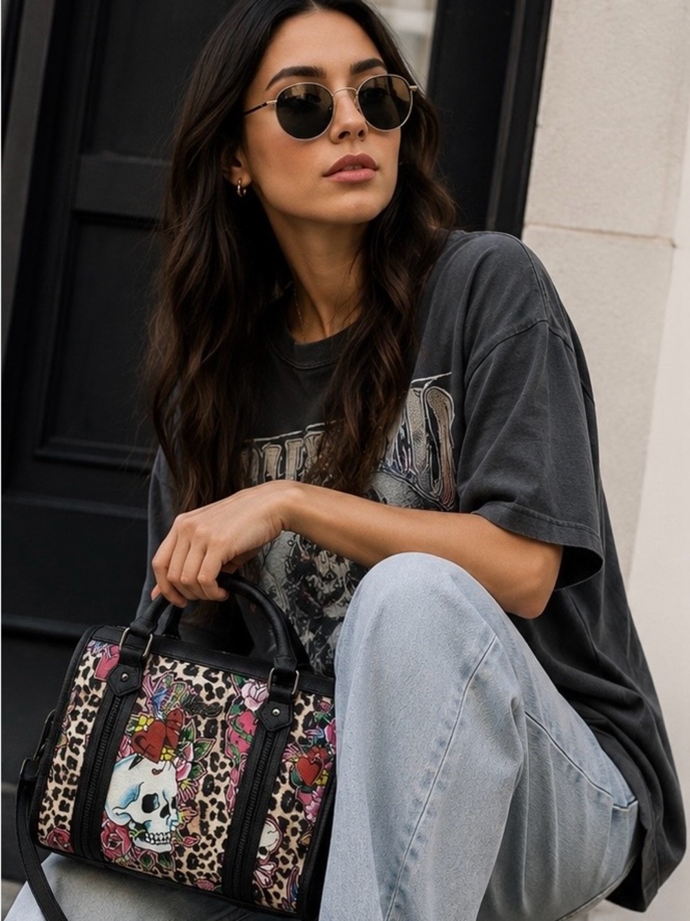 Ed Hardy Satchel / Crossbody Bag - Skulls & Flowers - Cheetah Print Women's NWT